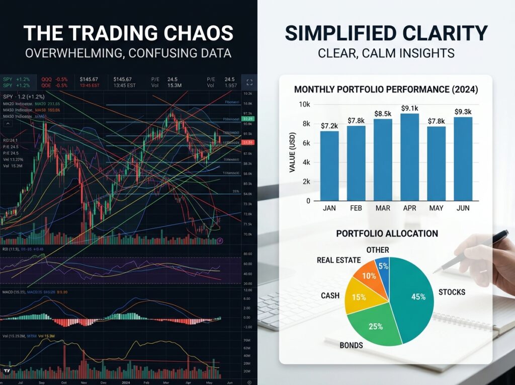 Comparison of complex AI trading data versus simplified portfolio clarity offered by Finqora