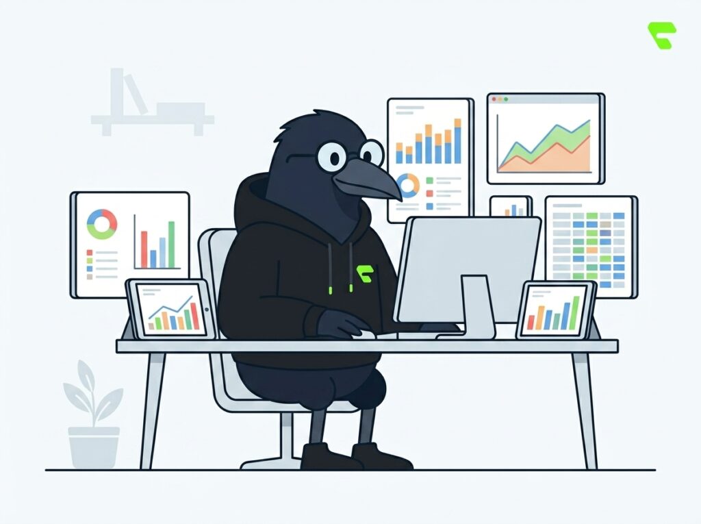 AI-powered investment analysis illustration showing Finqora mascot Byte reviewing portfolio data