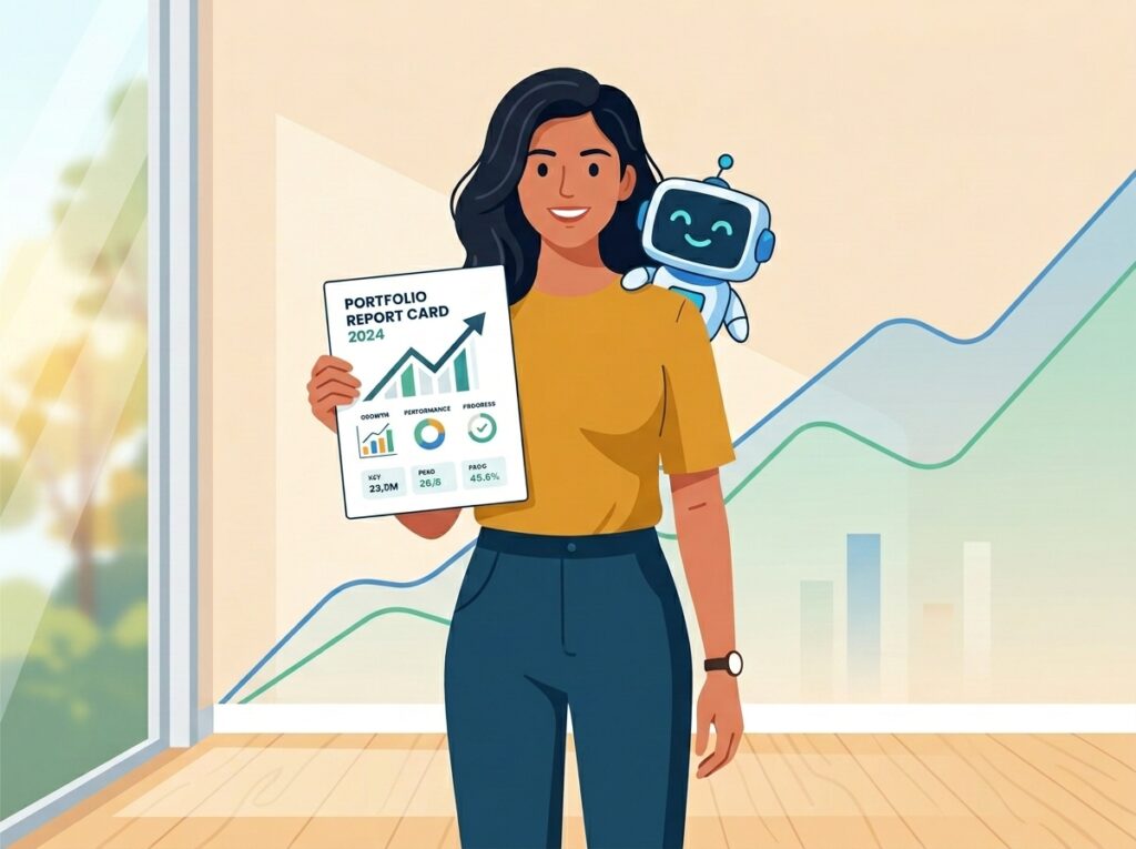 Investor confidently reviewing AI-powered portfolio insights on Finqora portfolio builder