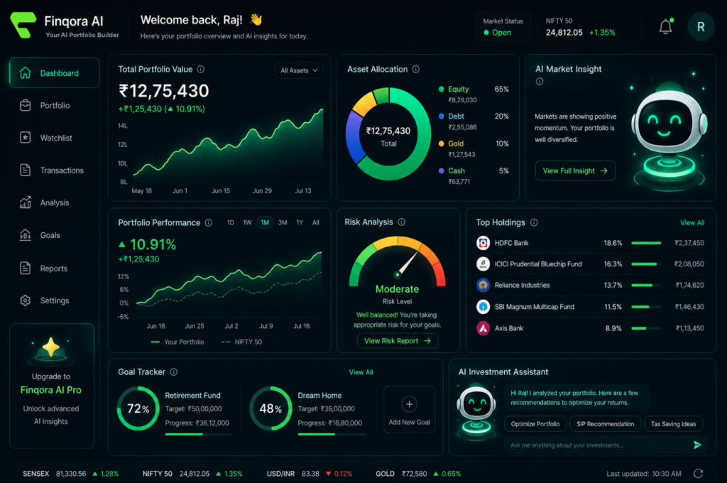 AI portfolio builder dashboard showing investment tracking and asset allocation for people learning how to invest money for beginners in India