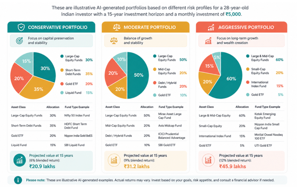 Infographic comparing conservative, moderate, and aggressive AI-generated investment portfolios showing asset allocation and projected 15-year returns.