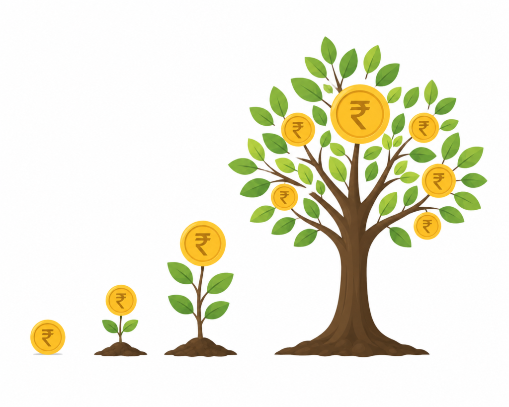 Indian rupee coins growing into a money tree, symbolizing how to invest money for beginners, investment growth, and long-term wealth creation.