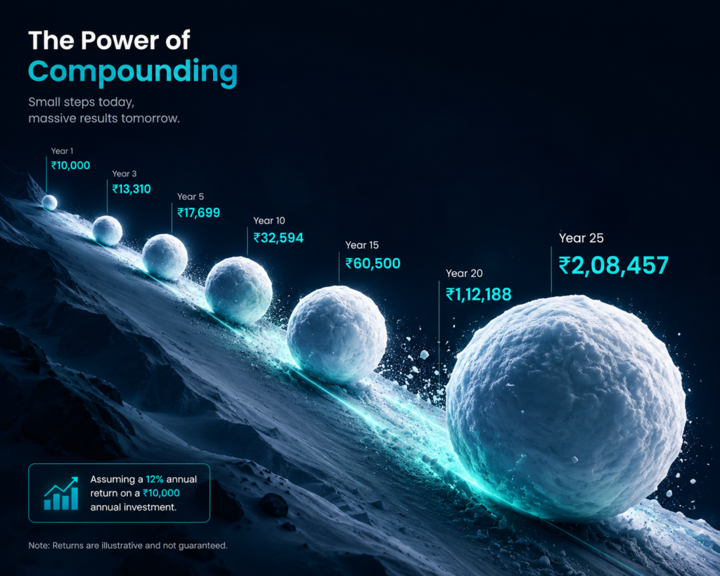 Compound interest visualization explaining how to invest money for beginners in India and