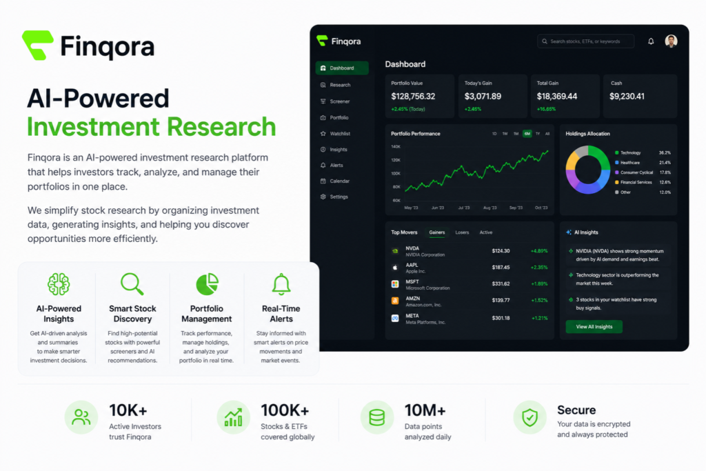 AI portfolio analysis dashboard mockup showing stock screening, AI scoring, and portfolio heat map — AI-powered investing tools in action
