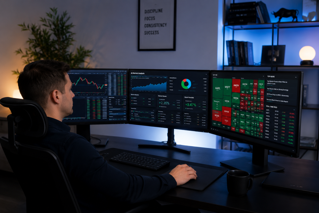 Investor using multiple AI-powered stock dashboards — best stock analysis AI tools for smarter investing decisions