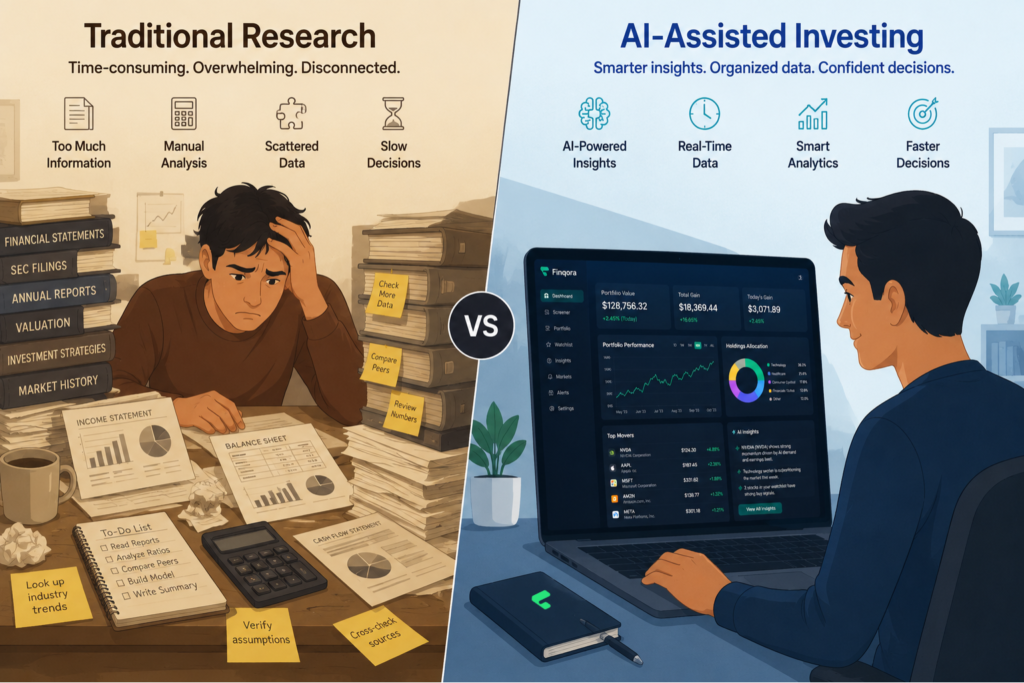 Side-by-side illustration comparing traditional stock research with AI-assisted investing using artificial intelligence in investing tools for faster, smarter analysis