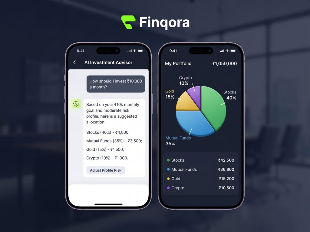 Can I use AI to invest money — Finqora AI portfolio builder showing intelligent allocation suggestions for Indian investors