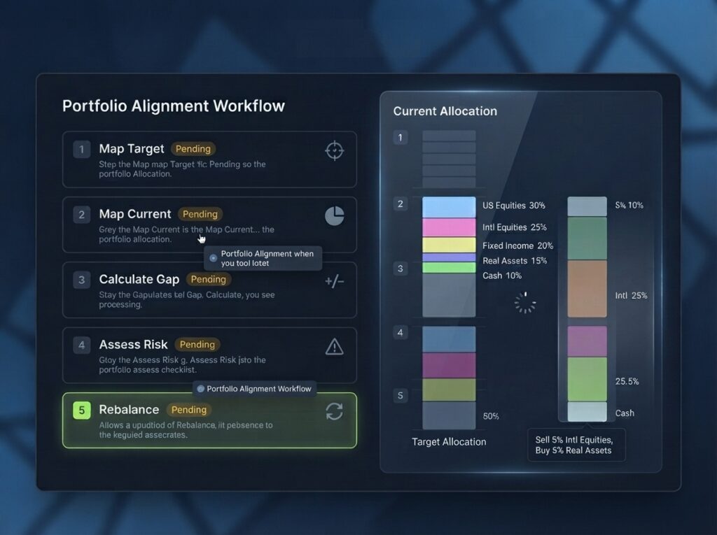 Step by step portfolio drift detection process shown on Finqora AI portfolio builder dashboard