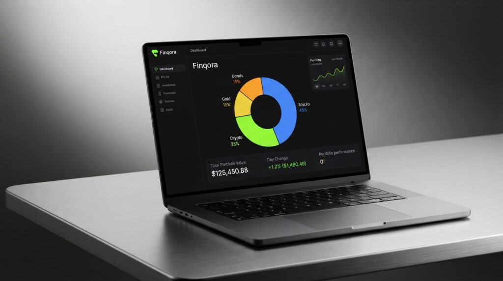 Finqora free online portfolio builder dashboard showing portfolio allocation across stocks, crypto, gold, and bonds