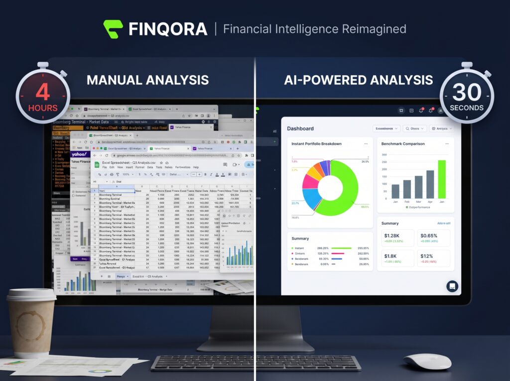 AI investing tools vs manual portfolio analysis — time and accuracy comparison shown on Finqora AI investment platform
