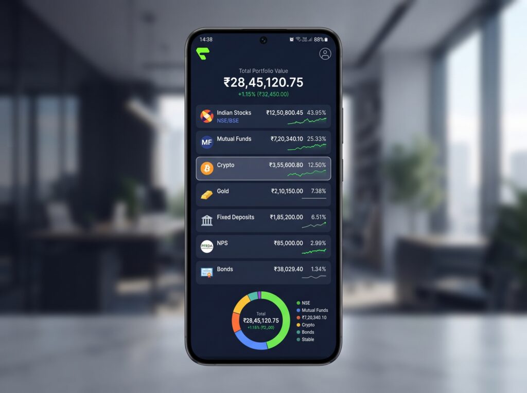 Alt Text:
Finqora AI portfolio builder showing consolidated investment tracking across 23 asset categories including stocks mutual funds and gold