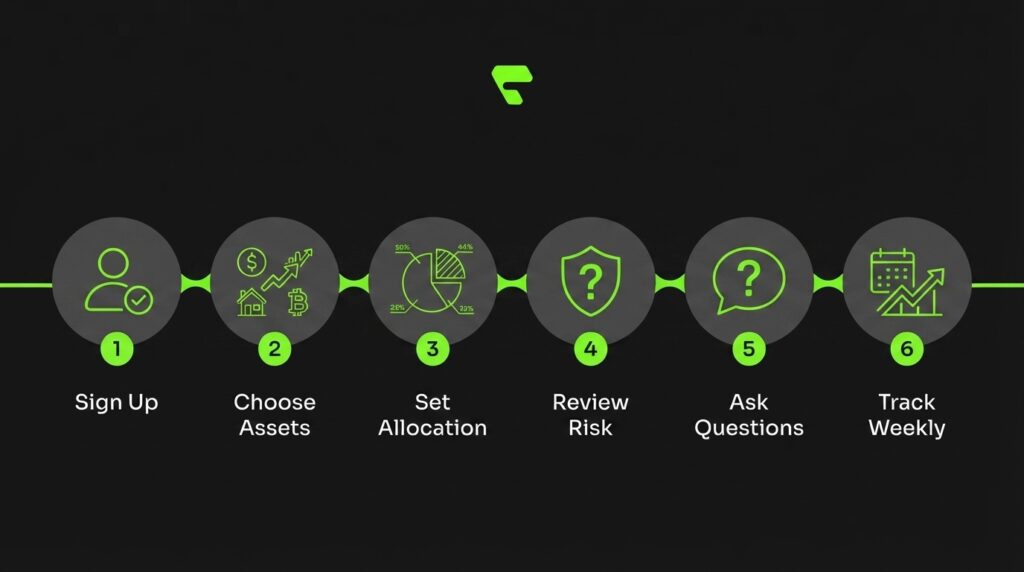 Six-step process for building a portfolio in Finqora's free online portfolio builder