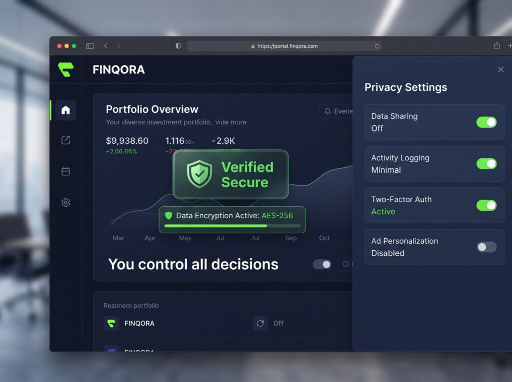 AI investment platform security features showing user data protection and full investor control on Finqora