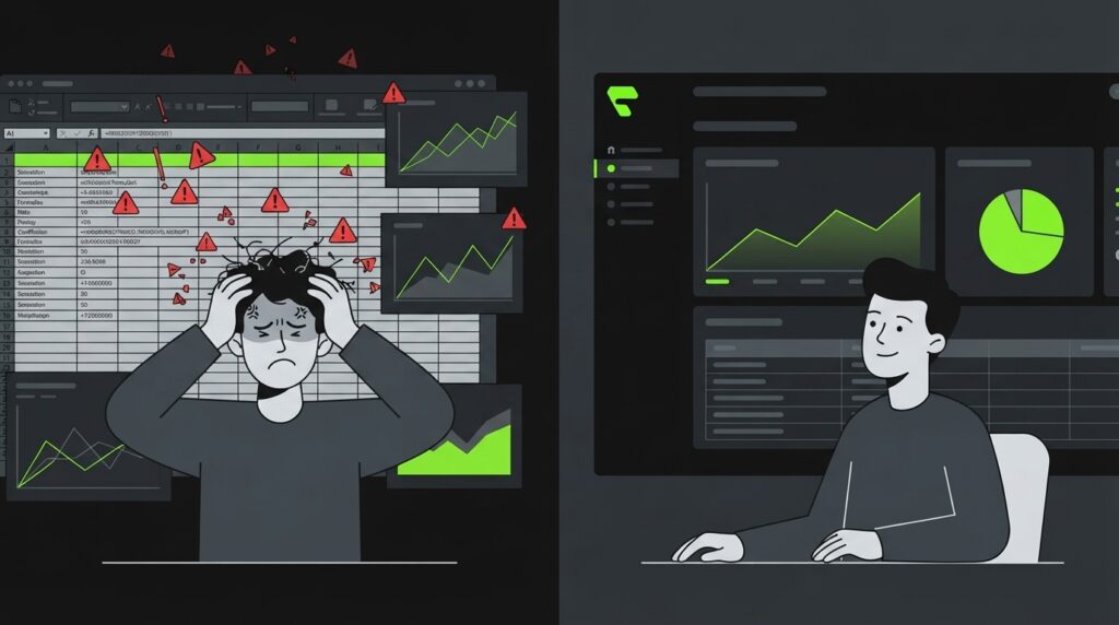 Comparison of a cluttered investment spreadsheet versus an organized Finqora portfolio tracker dashboard