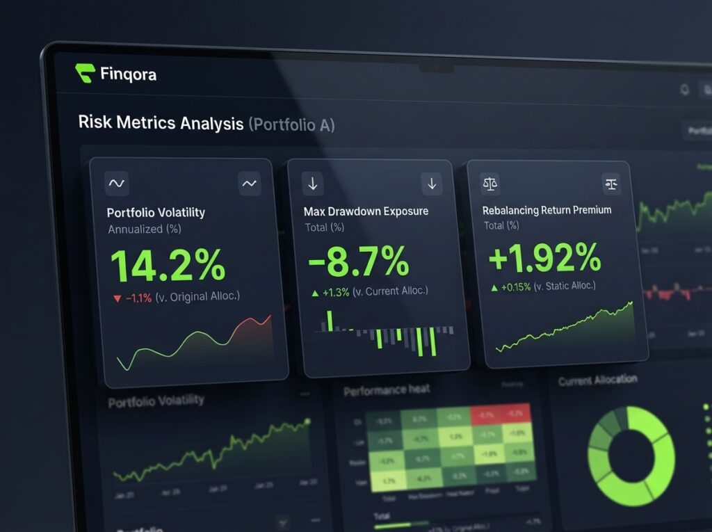 Key portfolio risk metrics including volatility and max drawdown displayed on Finqora investment dashboard