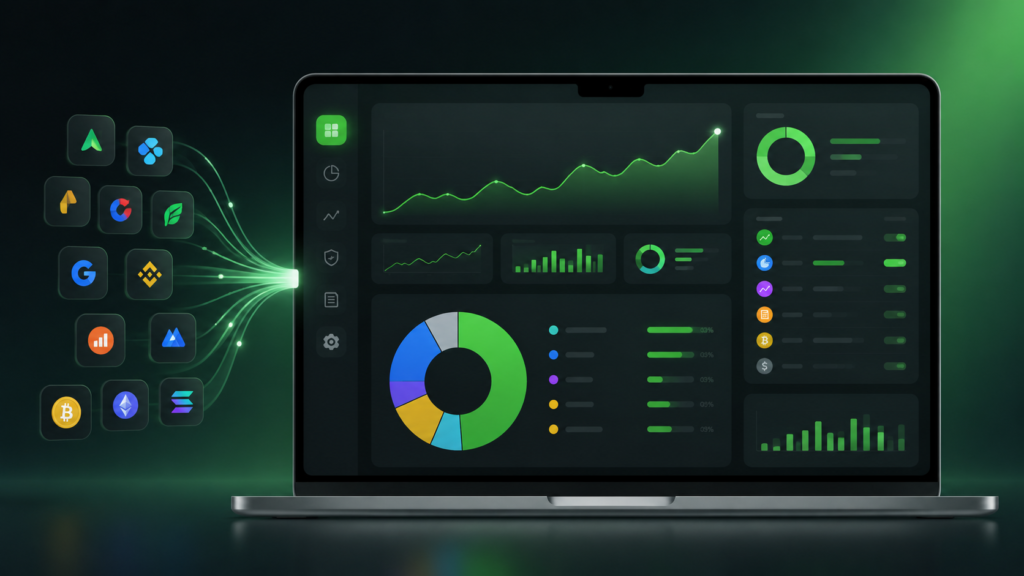 Diversified investment portfolio dashboard showing asset allocation across stocks, ETFs, mutual funds, bonds, cash, and cryptocurrency.