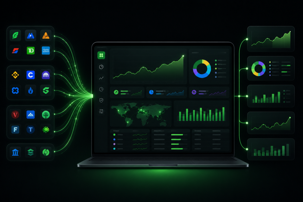 Unified investment portfolio dashboard combining holdings from multiple brokerage accounts.