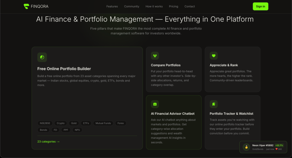 Finqora multi-asset portfolio builder and investment tracking features